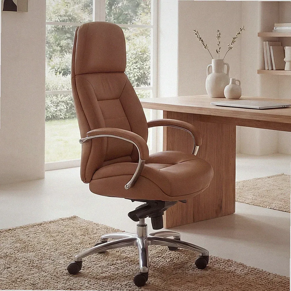 FineBuy Bürostuhl Caramel Chefsessel Echtleder Ergonomisch XXL Drehstuhl 120 kg