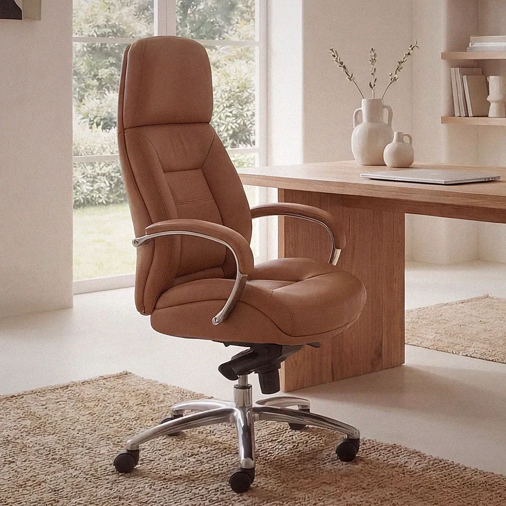 FineBuy Bürostuhl Caramel Chefsessel Echtleder Ergonomisch XXL Drehstuhl 120 kg