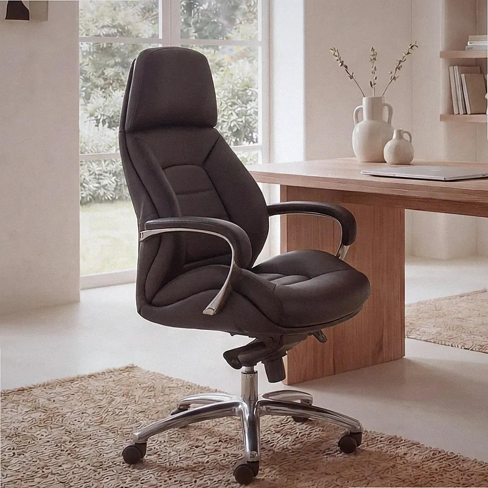 FineBuy Bürostuhl Schwarz Chefsessel Echtleder Ergonomisch XXL Drehstuhl 120 kg