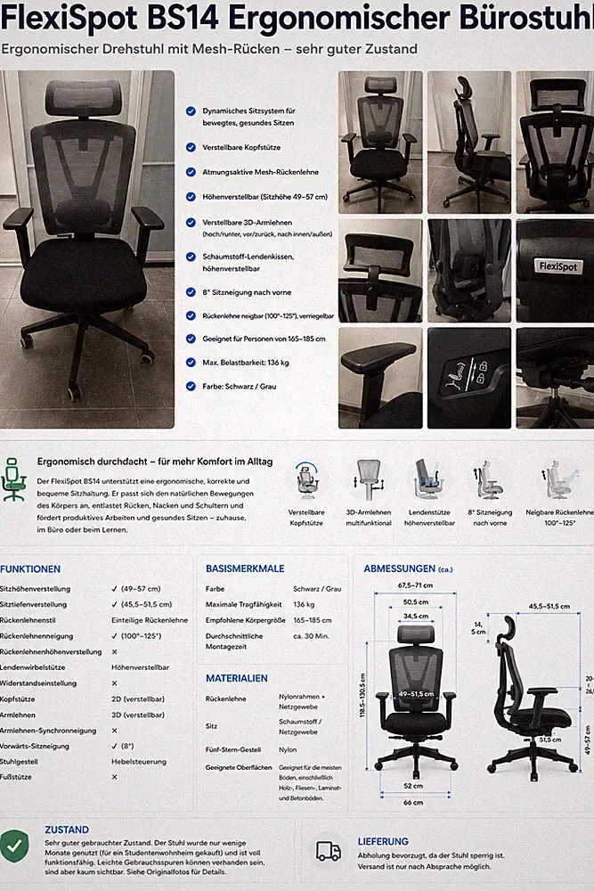 FlexiSpot BS14 ergonomischer Bürostuhl – dynamisches Sitzsystem, Mesh, Kopfstütz