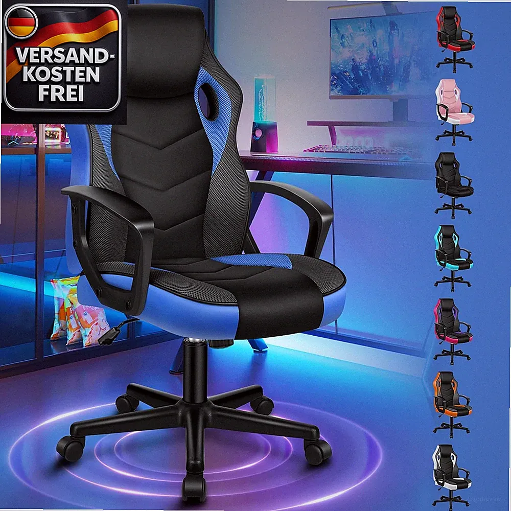 Gaming Bürostuhl mit Wippfunktion Höhenverstellbar ergonomisch bis 150 kg Blau