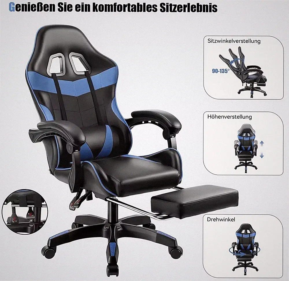 Gaming Stuhl Bürostuhl ergonomisch Fußstütze 150kg 155° Lendenstütze