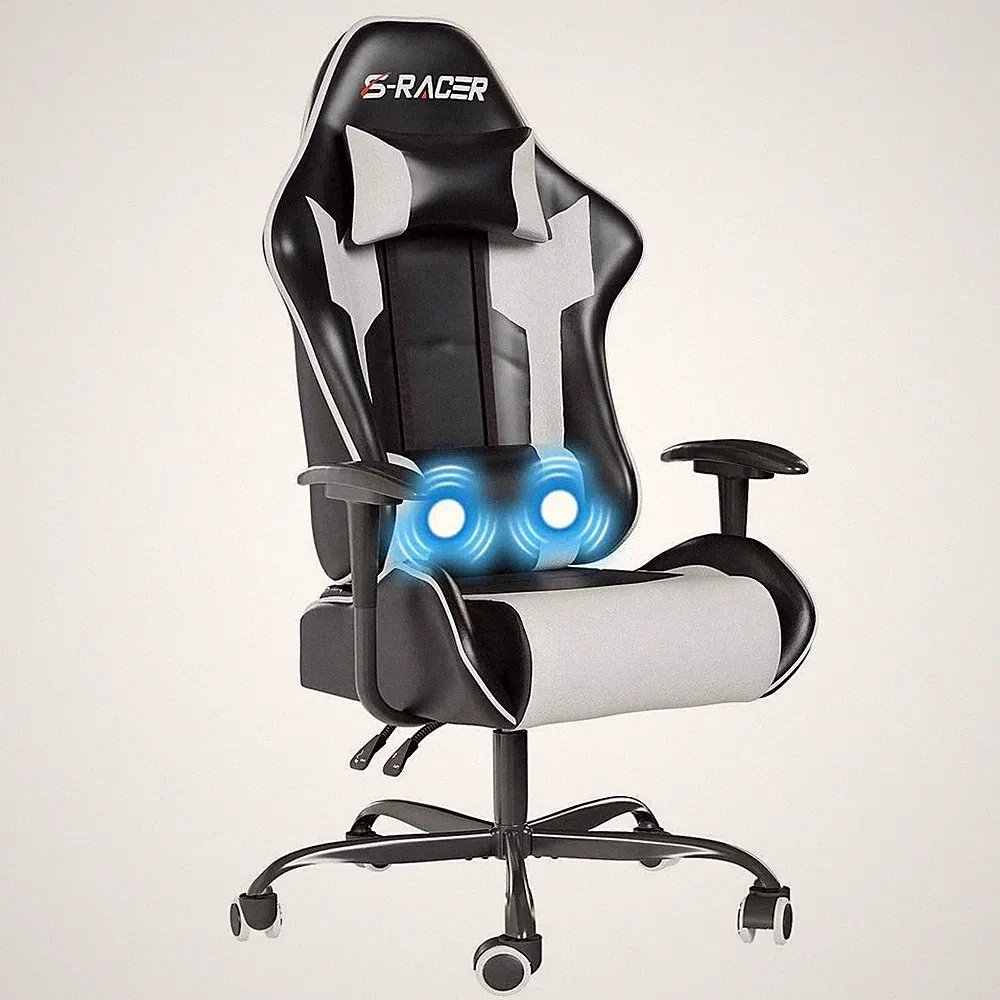 Gaming Stuhl Bürostuhl Ergonomisch Gaming Chair Vibrationskissen Schwarz/Weiß