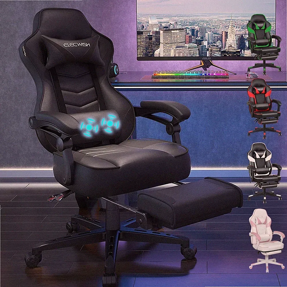 Gaming Stuhl Bürostuhl Ergonomisch mit Fußstütze Massage Racing Kunstleder