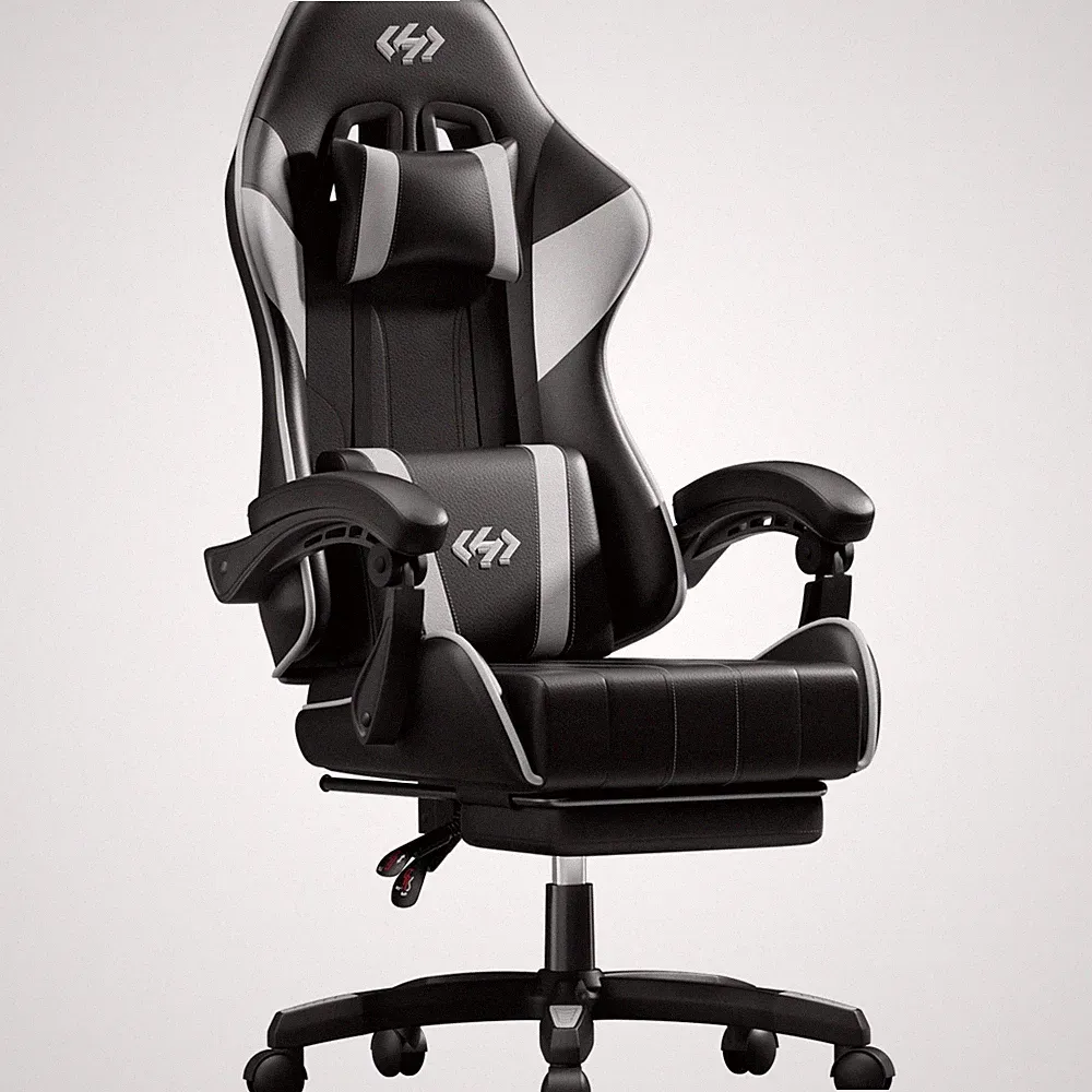 Gaming Stuhl, Bürostuhl Ergonomisch, PC Stuhl mit Fußstütze, Schwarz-Weiß