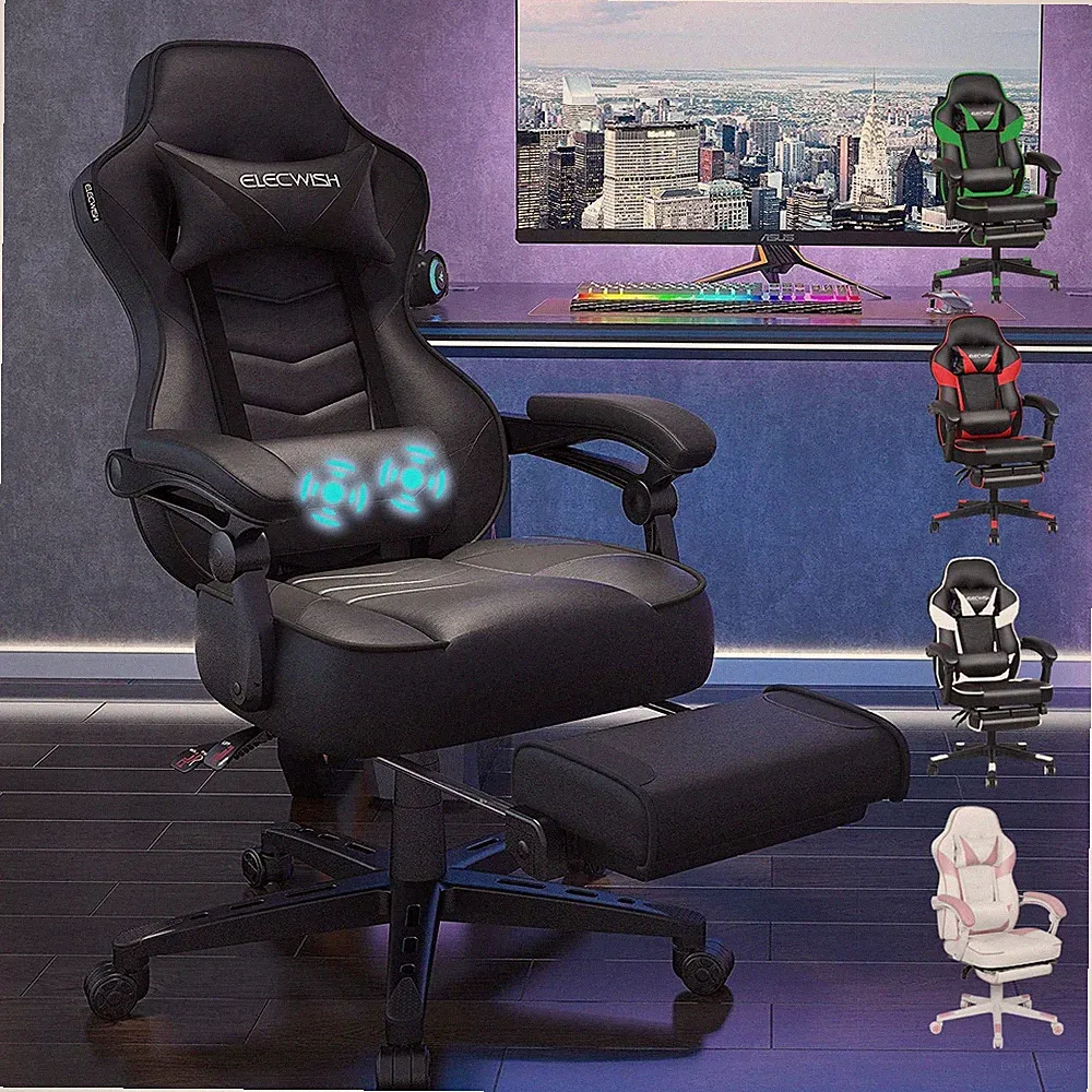 Gaming Stuhl Bürostuhl mit Fußstütze, Racing Stuhl Massage Ergonomisch, Drehb...