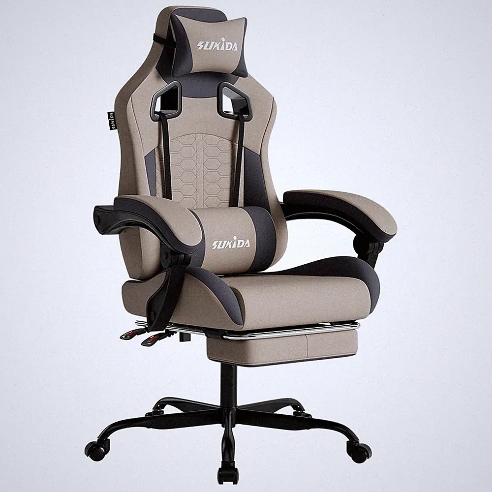 Gaming Stuhl Ergonomisch Beige Kopfstütze Lendenstütze Höhenverstellbar Büro