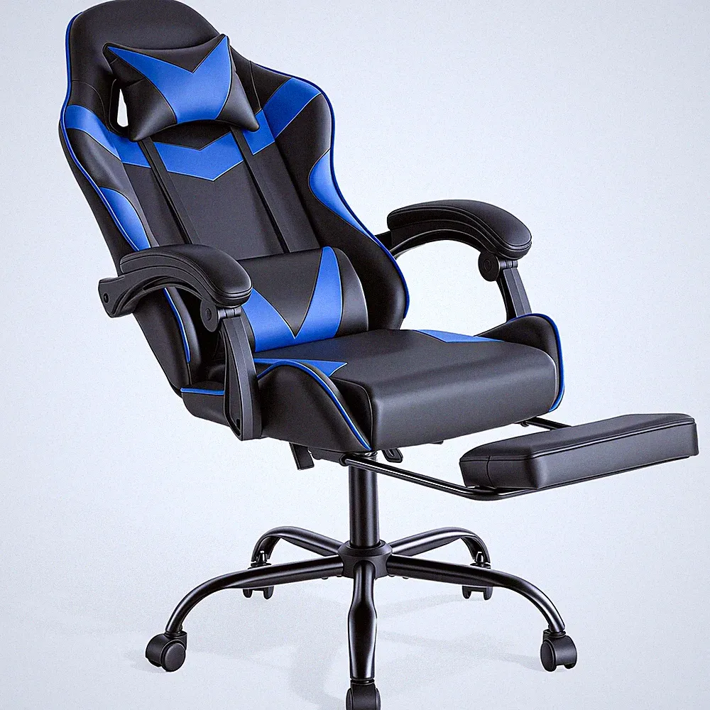 Gaming Stuhl Ergonomisch Kunstleder Blau Höhenverstellbar Lendenstütze 130 kg