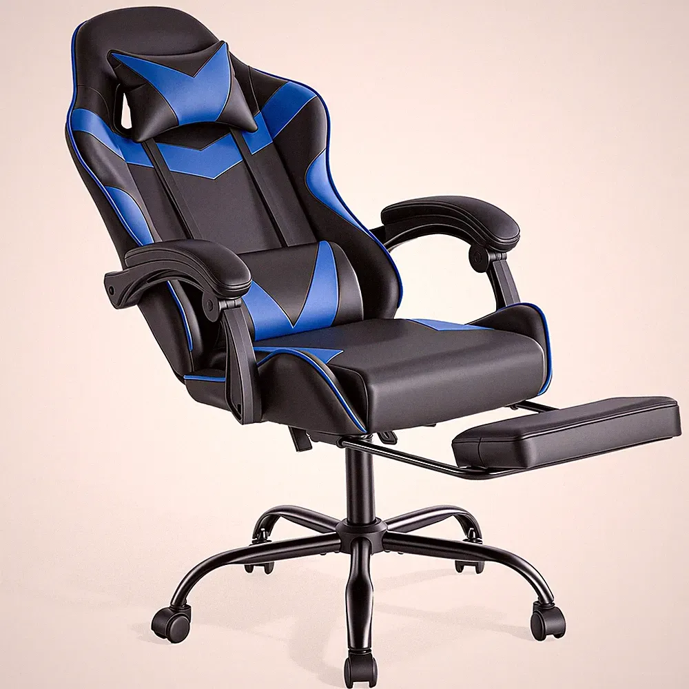 Gaming Stuhl Ergonomisch Kunstleder Blau Höhenverstellbar Neigbar 130 kg 10cm