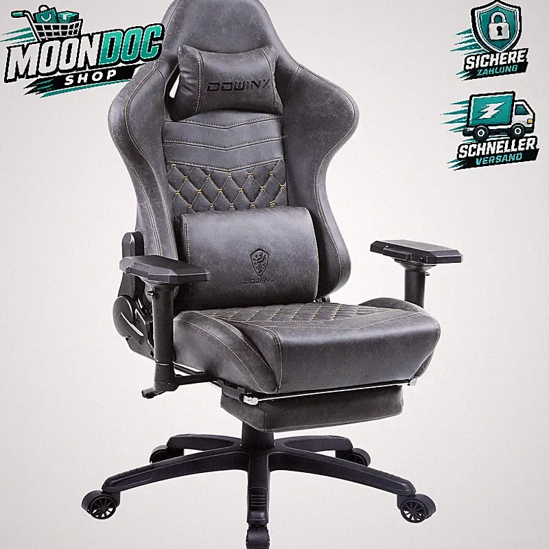Gaming Stuhl Ergonomisch Leder Grau Mit Massage-Lendenstütze Fußstütze 200kg