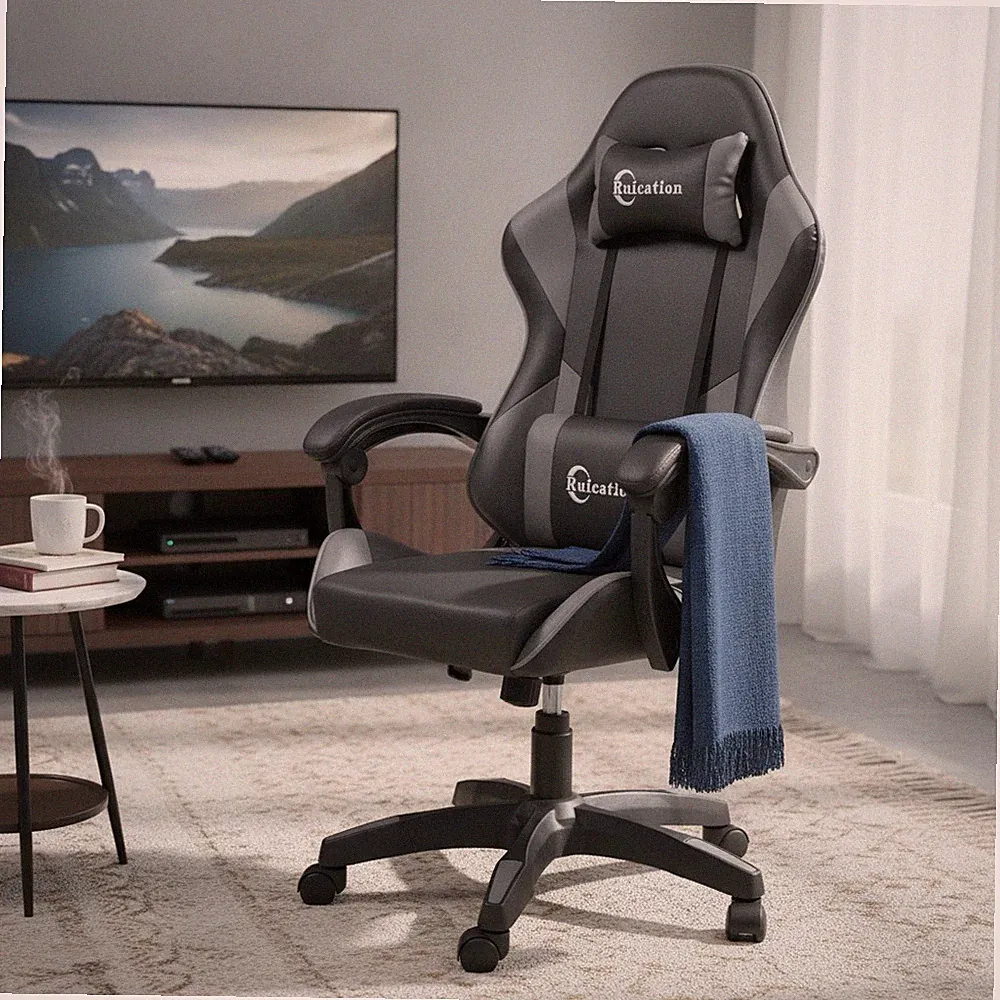 Gaming Stuhl Ergonomisch Liegend Computer Bürostuhl Grau Lederstütze