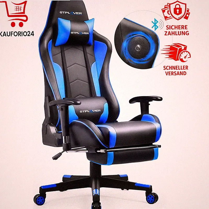 Gaming Stuhl Ergonomisch mit Fußstütze Bluetooth Lautsprecher Blau 200 kg