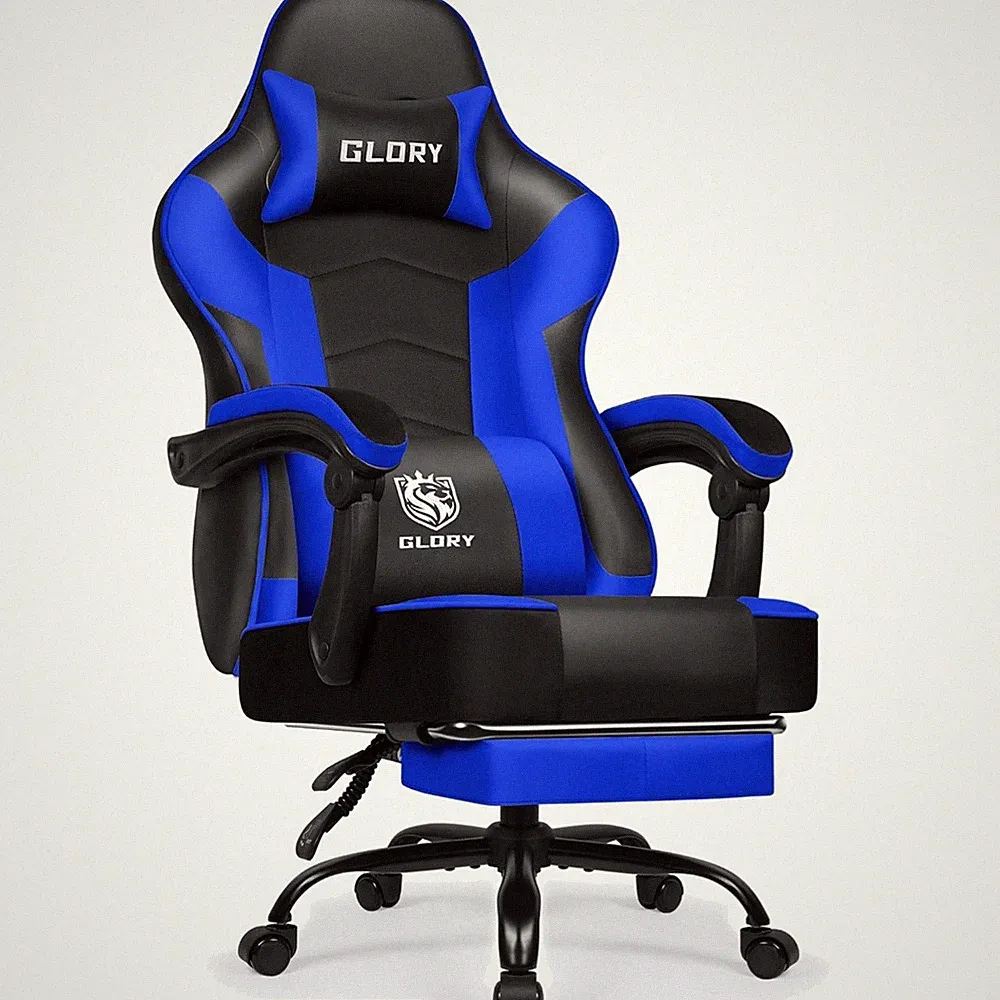Gaming Stuhl Ergonomisch mit Fußstütze Bürostuhl 150kg Kunstleder Blau