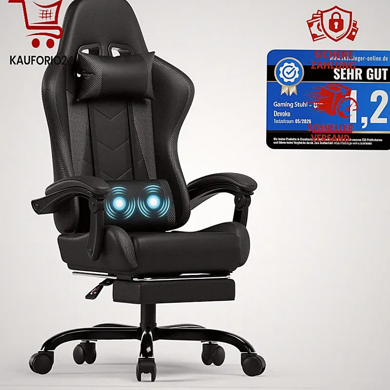 Gaming Stuhl Ergonomisch mit Massagefunktion und Fußstütze Schwarz 150kg Home
