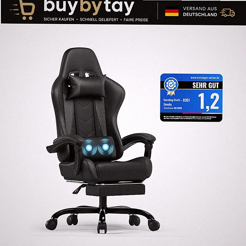 Gaming Stuhl Ergonomisch mit Massagefunktion und Fußstütze Schwarz 150kg Home