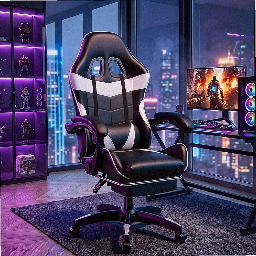 Gaming Stuhl Ergonomisch mit RGB LED Lichtleist Bürostuhl Drehstuhl Mit Fußpedal