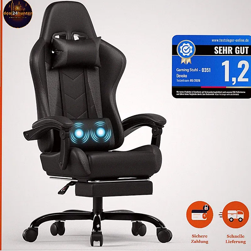 Gaming Stuhl Ergonomisch Schwarz mit Massagefunktion Fußstütze bis 150kg