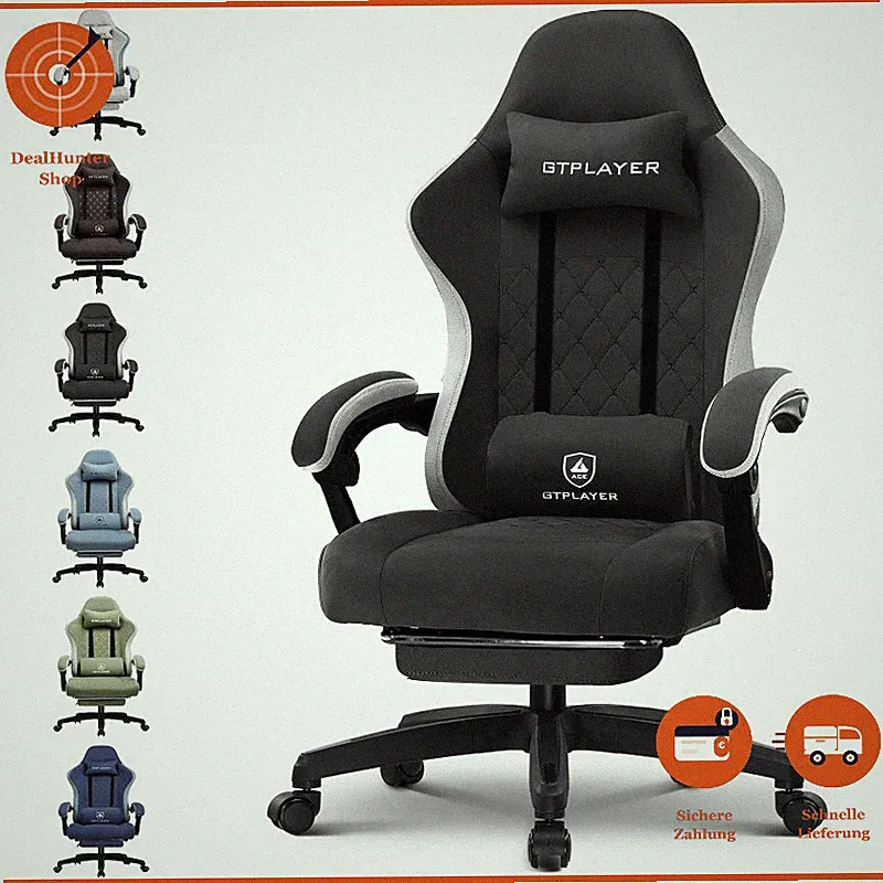 Gaming Stuhl Ergonomisch Stoff Schwarz Fußstütze bis 150KG für Büro Home