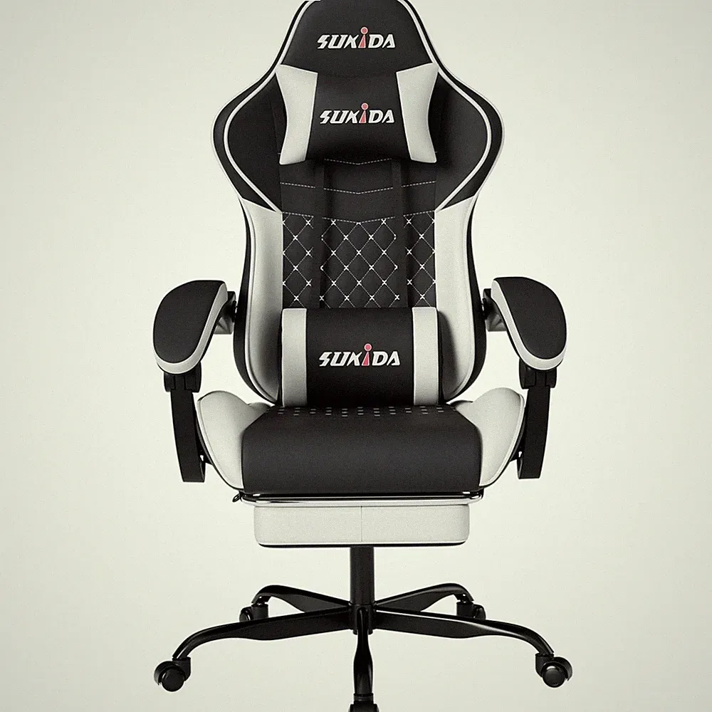 Gaming Stuhl Ergonomisch verstellbar bis 135° Schwarz-Weiß Computerstuhl