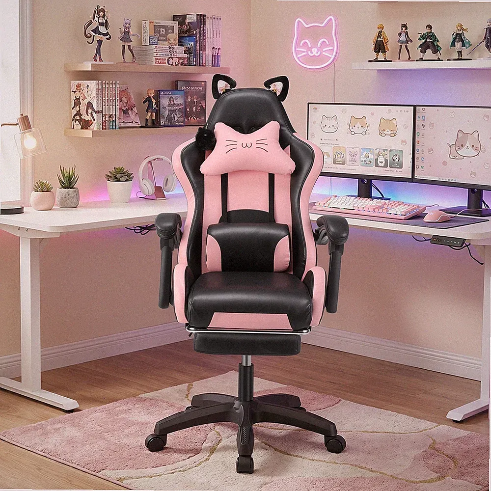 Gaming Stuhl Ergonomischer Cute Katzenpfote Lendenkissen Katzenohr Bürostuhl