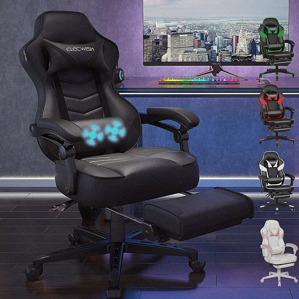 Gaming Stuhl Fußstütze Massage Ergonomisch Höhenverstellbar Schwarz, 360