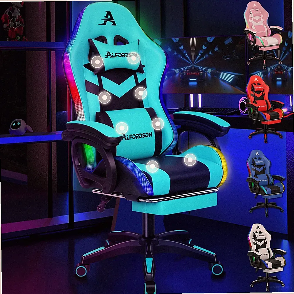 Gaming Stuhl mit 8Punkt Massage 12 Farben RGB LEDLicht, Bürostuhl Ergonomisch...