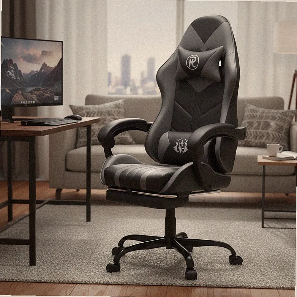 Gaming Stuhl mit Fußstütze & Lordosenstütze groß grau ergonomisch liegend
