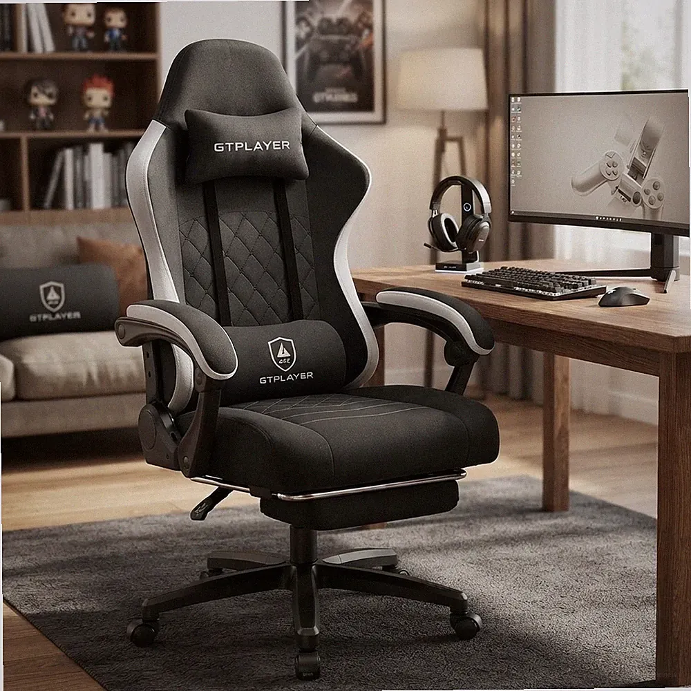 Gaming Stuhl mit hoher Rückenlehne und verstellbarer Fußstütze & Taschenfederkernkissenstütze