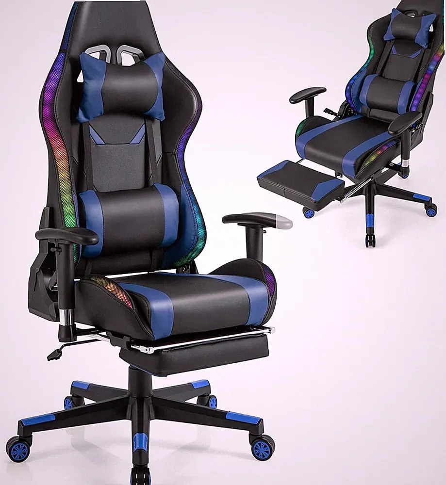 Gaming Stuhl RGB LED Leuchten Bürostuhl mit Fußstütze Computerstuhl ergonomisch