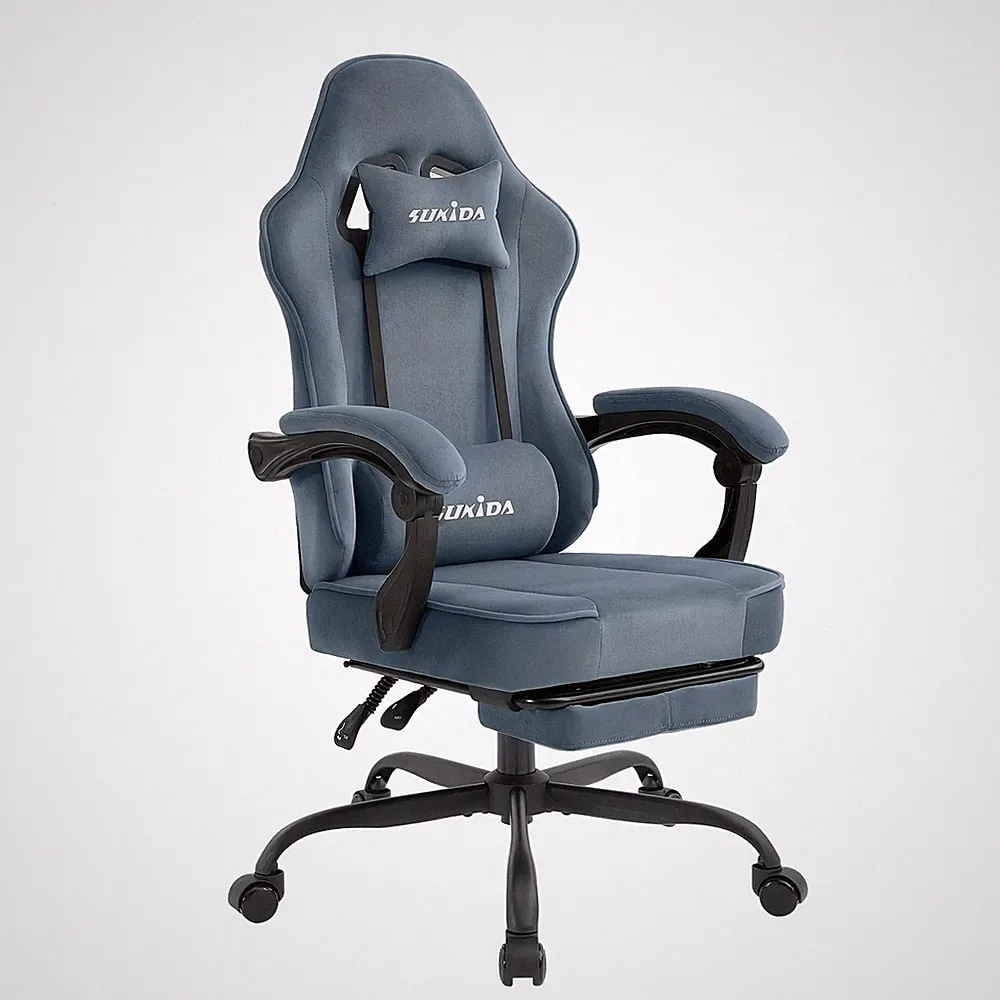 Gaming Stuhl Samt Ergonomisch mit Fußhocker Drehstuhl Bürostuhl Schwarz Grau