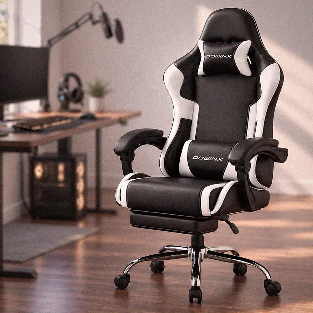 Gaming Stuhl Weiß Bürostuhl Ergolomisch Fußstütze verstellbar Kunstleder