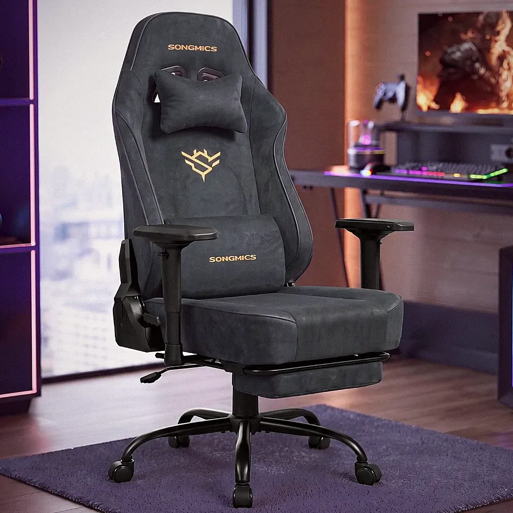 Gaming Stuhl, Wildleder Stoff Ergonomischer Bürostuhl mit Fußstütze und 4D Armlehnen