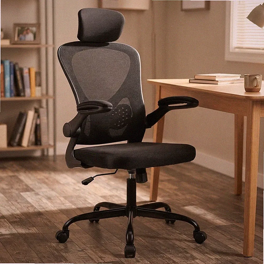 Hochlehner Drehstuhl mit Lordosenstütze & hochklappbaren Armlehnen für Homeoffice