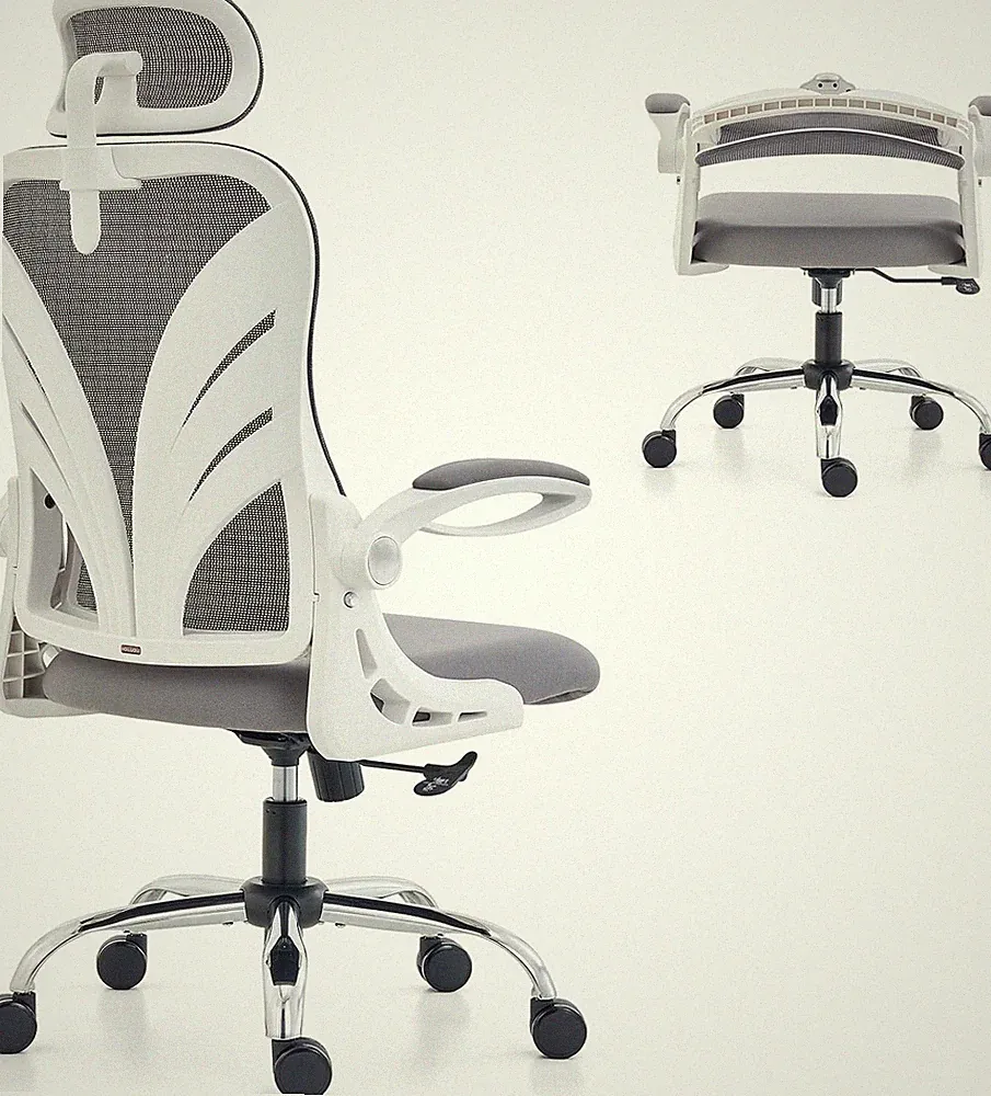 HOLLUDLE Ergonomischer Bürostuhl Weiß 2D Kopfstütze Klappbare Rückenlehne Mesh