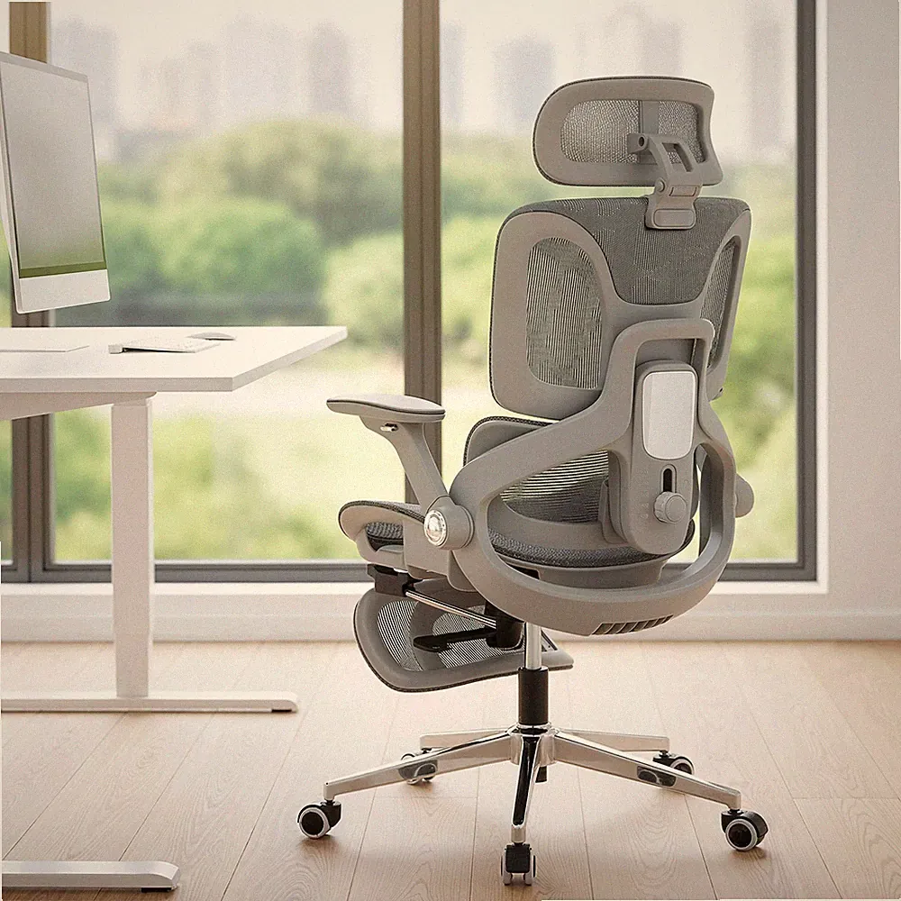 HOMCOM Ergonomischer Bürostuhl, Mesh-Deskstuhl mit Lendenstütze, Grau