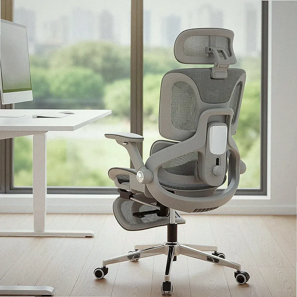 HOMCOM Ergonomischer Bürostuhl, Mesh-Deskstuhl mit Lendenstütze, Grau