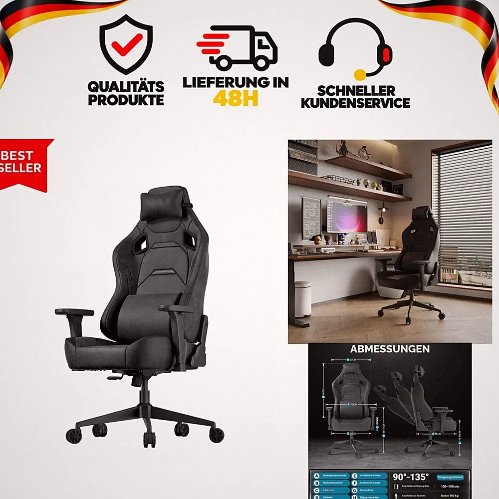 JUMMICO Gaming Stuhl Veloursleder ergonomisch 200 kg 3D Armlehnen Bürostuhl