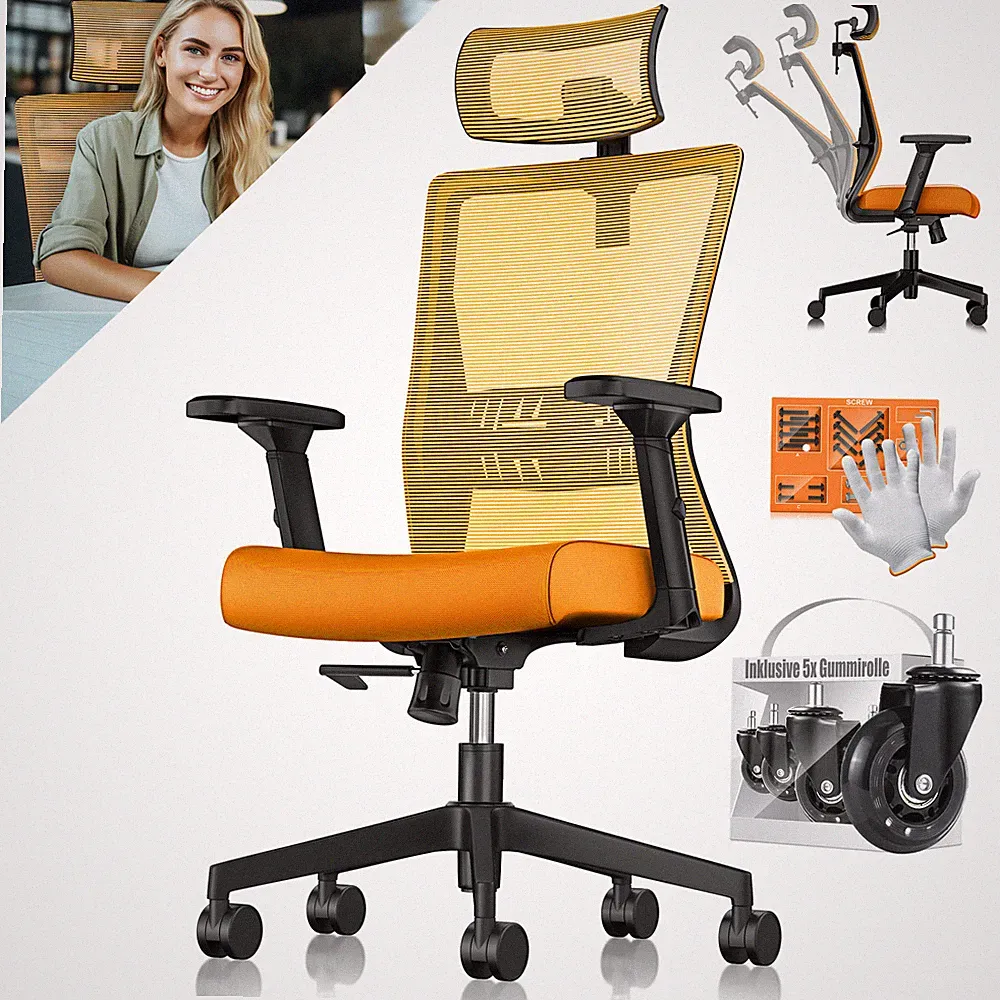 KESSER® Bürostuhl ergonomisch mit Kopfstütze Drehstuhl Armlehnen 5x Gummirollen