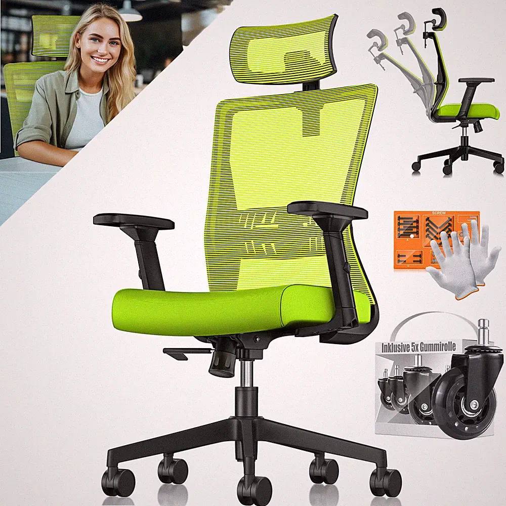 KESSER® Bürostuhl ergonomisch mit Kopfstütze Drehstuhl Armlehnen 5x Gummirollen