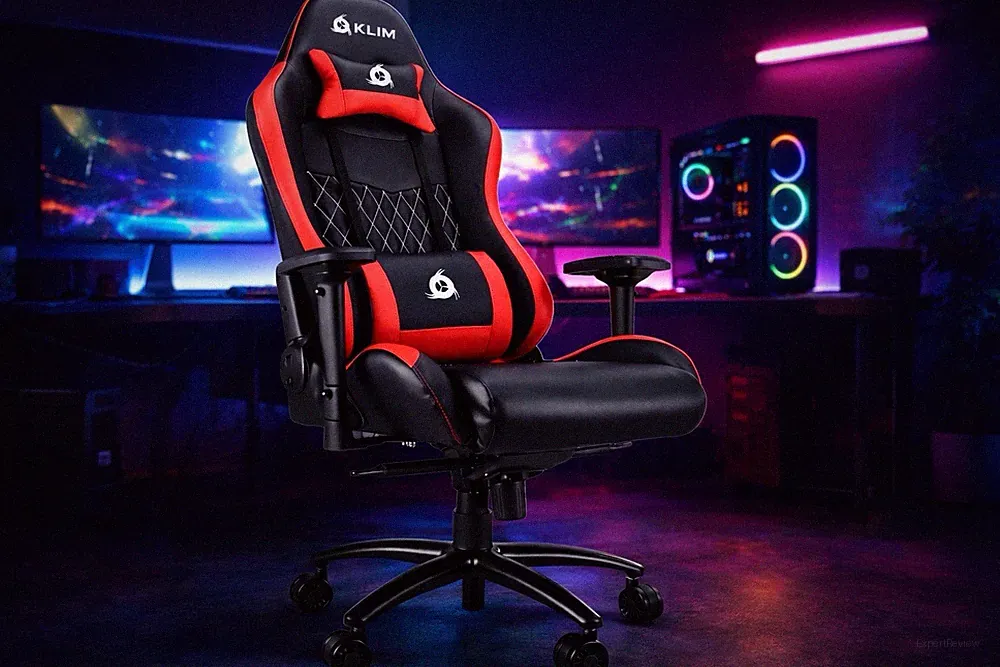 KLIM Gaming Stuhl Schwarz Rot Bürostuhl Drehstuhl mit Kissen Ergonomisch