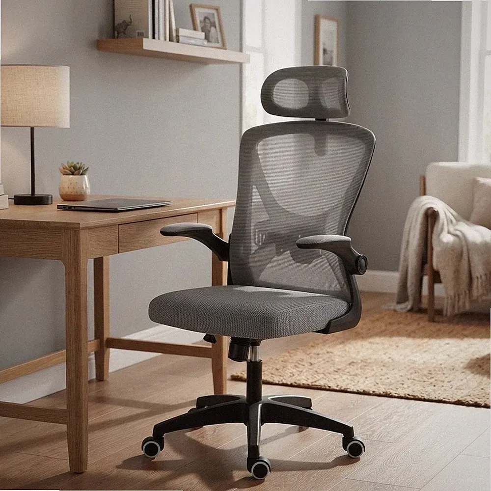 Komfortgetriebener grauer Netzdrehstuhl mit ergonomischem Design für Profis