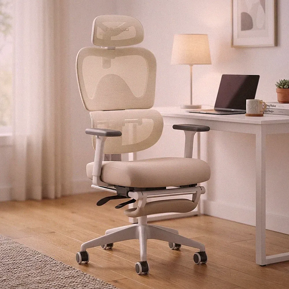 Luxuriöser E600 SE ergonomischer Bürostuhl: Fußstütze, Lordosenstütze, beige