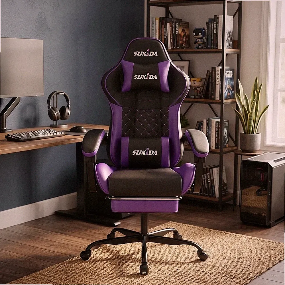 Luxuriöser ergonomischer Gaming Stuhl mit Fußstütze - stilvolles Schwarz und Lila