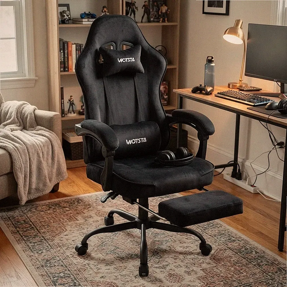Luxuriöser Wildleder Gaming Stuhl für Erwachsene - Höhenverstellbar & Fußstütze inklusive
