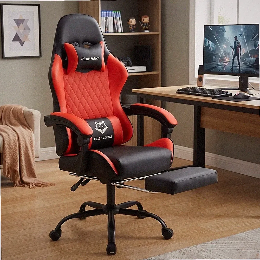 Luxus Kunstleder Gaming Stuhl - Relaxbarer Hochlehner & Lendenwirbelstützkissen