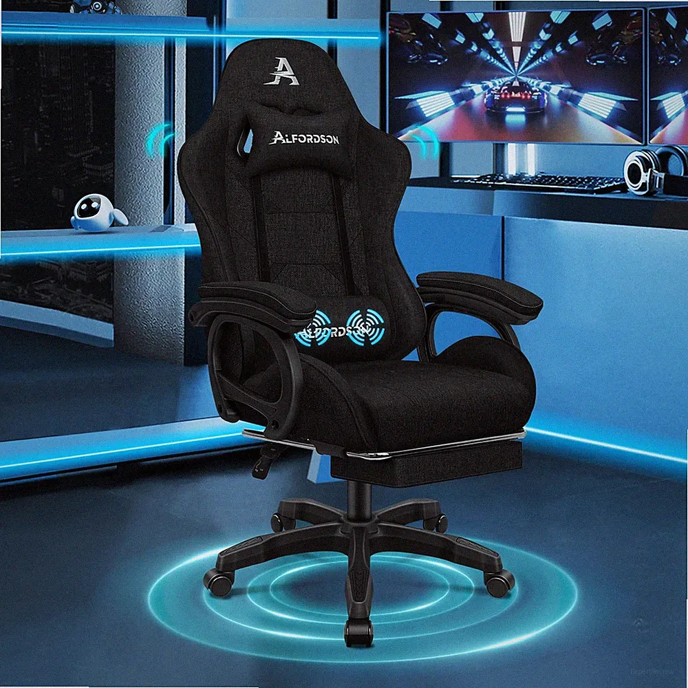 Massage GamerStuhl Ergonomisch PC Bürostuhl Fußstütze Leinenstoff Schwarz 180kg