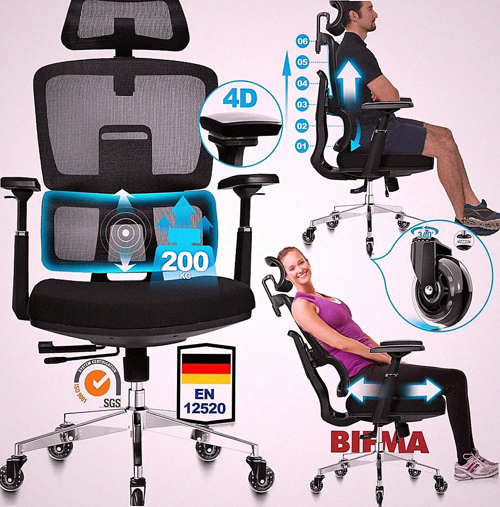 MELOKEA Bürostuhl Ergonomisch 200KG | 6P Verstellbare Rückenlehne | 4D-Armlehnen