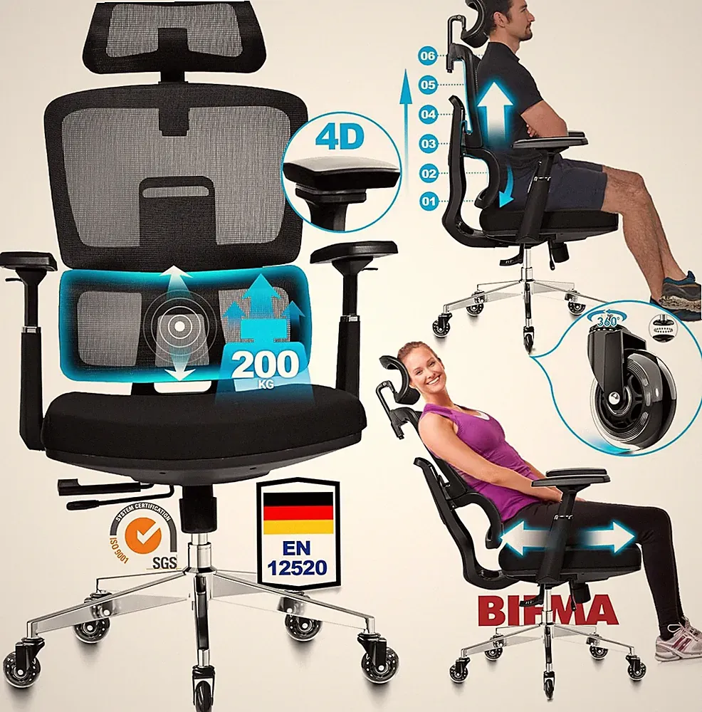 MELOKEA Bürostuhl Ergonomisch 200KG | 6P Verstellbare Rückenlehne | 4D-Armlehnen