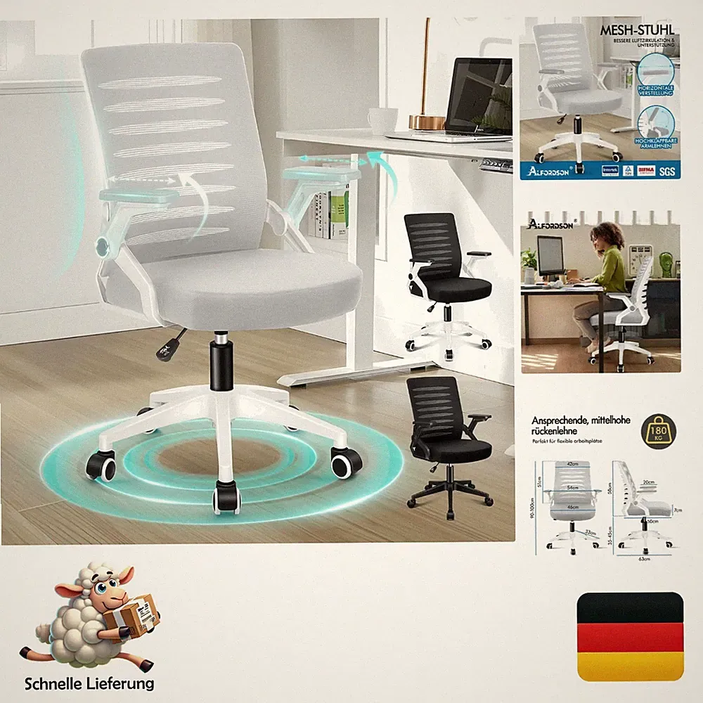 Mesh Bürostuhl Chefsessel ergonomisch Alfordson Weiß Grau, Hochwertiger Sitz,...