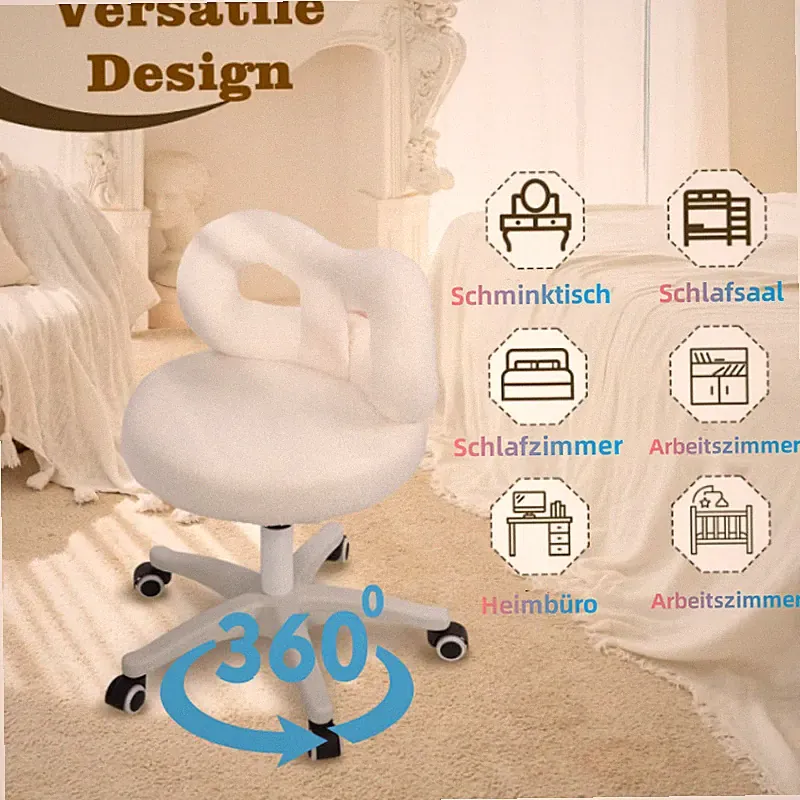 Polsterstuhl Schminktisch Hocker, Ergonomischer 360° Drehstuhl mit Rückenlehne